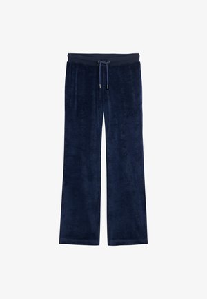 Pantalones de terciopelo azul marino con un corte relajado, cinturilla con cordón y acentos metálicos. Textura suave con piernas rectas y detalles de dobladillo cosidos.
