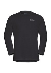 Schwarzer Langarmpullover von Jack Wolfskin mit Rundhalsausschnitt und kleinem weißen Logo auf der linken Brust.
