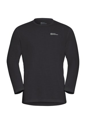 Pullover noir à manches longues Jack Wolfskin avec col rond et petit logo blanc sur la poitrine gauche.
