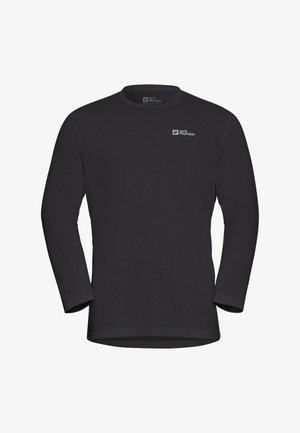 Maglione nero a maniche lunghe Jack Wolfskin con collo rotondo e piccolo logo bianco sul lato sinistro del petto.