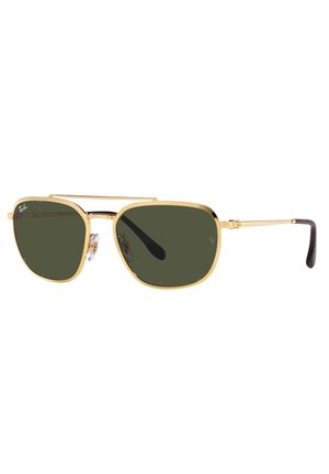 Occhiali da sole aviatori in metallo dorato con lenti verde scuro, caratterizzati da un design a doppio ponte e spesse punte auricolari nere per comfort e stabilità.