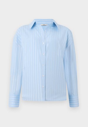 Lichtblauwe shirt met verticale witte strepen, knoopsluiting aan de voorkant, kraag, lange mouwen en een gladde, licht glanzende stofstructuur.