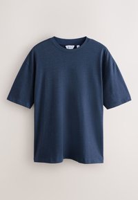 Tumesinine lühikeste varrukatega T-särk, mis on valmistatud pehmest kangast. Lõdvestunud lõige, ümara kaelusega ning ilma nähtavate mustrite ja aktsentideta.