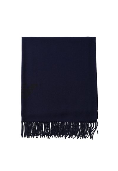 Sciarpa frangiata blu navy realizzata in tessuto morbido, caratterizzata da una texture liscia e forma rettangolare, ideale per essere indossata a strati o come accessorio.