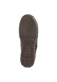 Semelle de chaussure en caoutchouc noir avec des rainures horizontales et verticales, marquée de la taille 38 et d'une flèche vers le haut. Texturée pour l'adhérence et la durabilité.