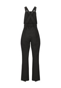 Schwarze Latzhose mit verstellbaren, X-förmigen Trägern und elastischem Bund. Mit Reißverschlusstaschen an den Beinabschlüssen und einem glatten, strukturierten Stoff.