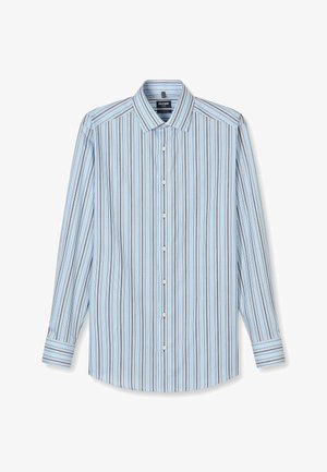 Langärmeliges Hemd mit Knöpfen, blau-weiß-schwarze vertikale Streifen und klassischem Kragen, flach auf einem weißen Hintergrund liegend.