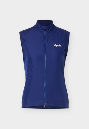 Αμάνικο μπλε σκούρο γιλέκο ποδηλασίας με πλήρες φερμουάρ στο μπροστινό μέρος και λευκό λογότυπο "Rapha" στο αριστερό στήθος, σε απλό φόντο.