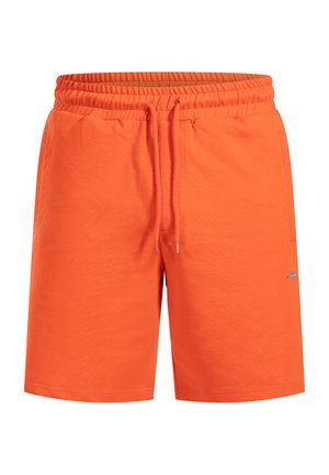 Shorts arancioni brillanti realizzati in morbido cotone, con vita elastica, chiusura con cordoncino e tasche laterali. Nessun motivo o accento visibile.