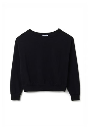 Sudadera negra de corte cropped con mangas largas, escote redondo y puños de canalé. Textura suave y lisa con un diseño sencillo.