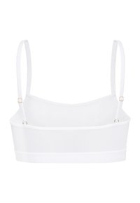 Bralette bianco con spalline regolabili, realizzato in un materiale liscio. Presenta un cinturino testurizzato con lettering in rilievo e un design minimalista.