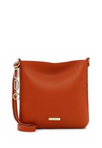 Orange textured leather crossbody bag with a gold-tone chain, zip detailing, and a brand tag at the front. Rectangular shape, minimalistic design.