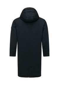 Zwarte hooded coat met een rechte snit, lange mouwen en een middellange lengte. De stof heeft een gladde textuur zonder zichtbare patronen.