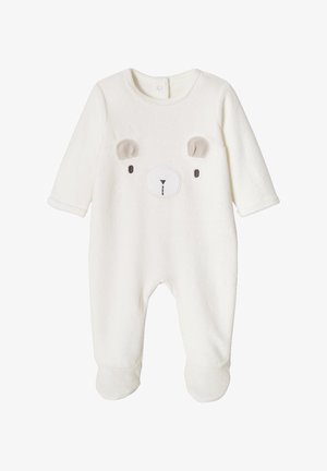 White baby sleepsuit with long sleeves, covered feet, and a soft bear face design on the chest.