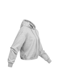 Hoodie court gris en tissu doux, avec une capuche à cordon de serrage, des manches longues et une taille ajustée. Fermeture éclair visible à l'avant.