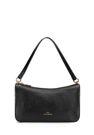 Sac d'épaule en cuir noir texturé avec des ferrures dorées, fermeture éclair et sangle courte, marqué du logo "Wittchen" sur le devant.