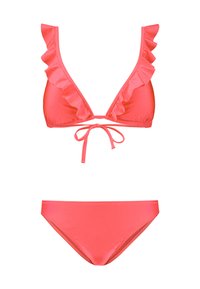 Koraļa krāsas bikini komplekts, kas sastāv no viļņota trīsstūra krūštura ar regulējamu saiti un atbilstošiem zemu vidukļa apakšveļas, viss izgatavots no gluda, elastīga auduma.