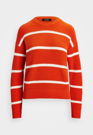 Orange knit sweater with horizontal white stripes, featuring a round neck and ribbed cuffs and hem. Textured fabric.