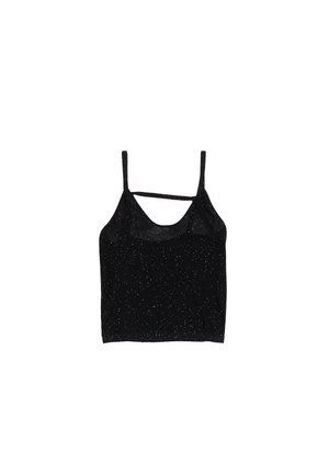 Zwarte tanktop met dunne bandjes, gemaakt van een licht doorzichtig materiaal en sprankelende details throughout, waardoor een gestructureerd patroon ontstaat.