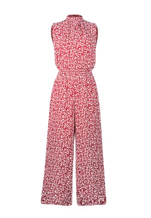 Ärmelloser roter Overall mit weißem Blumenmuster, hohem Ausschnitt, tailliertem Schnitt und weit geschnittenen Hosenbeinen.