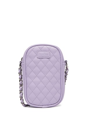 Lavender quilted crossbody bag with silver chain strap and rectangular DeeZee logo patch on front.
