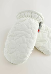 White quilted oven mitts with a floral pattern, padded design, and elastic cuff. Features 3M Insulation label on one cuff.