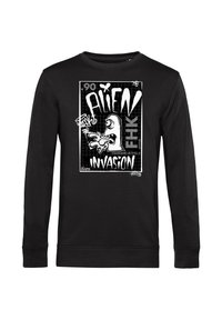 Felpa nera a maniche lunghe con stampa grafica che presenta un design di alieno e il testo "ALIEN INVASION" in bianco e grigio sulla parte anteriore.