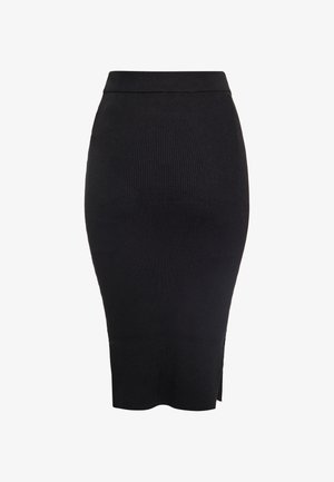 Jupe crayon noire côtelée avec une taille haute et une fente sur le côté, fabriquée en tissu extensible pour un silhouette ajustée.