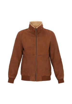 Chaqueta de cuero marrón con cierre frontal, cuello de forro polar color crema, puños acanalados y dobladillo; presenta una textura suave y un diseño ajustado.