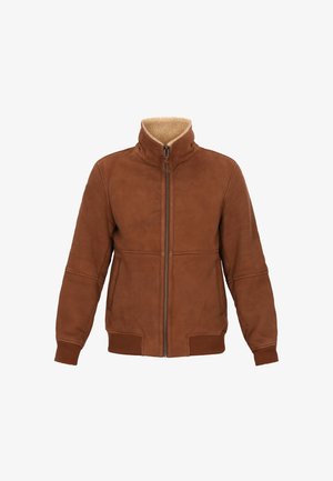 Brown leather jacket with a zip front, cream-colored fleece collar, ribbed cuffs, and hem; features a smooth texture and fitted design.