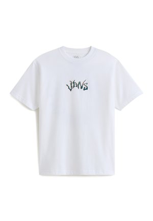 Biały bawełniany t-shirt z krótkimi rękawami i okrągłym dekoltem. Na piersi znajduje się małe, wielokolorowe logo Vans.