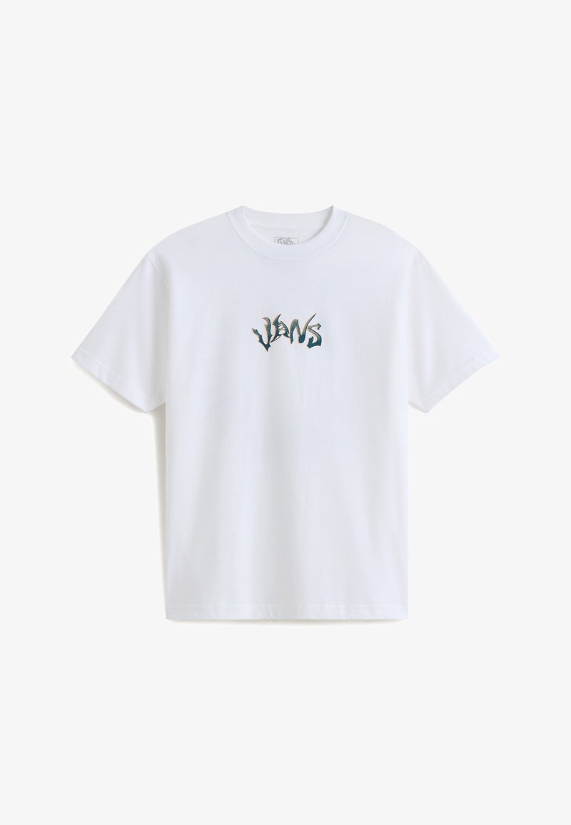 T-shirt en coton blanc à manches courtes et col rond. Présente un petit logo Vans multicolore imprimé sur la poitrine.