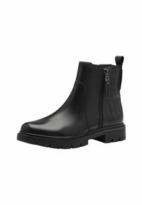 Schwarze Knöchelboots aus glattem Leder mit einem strukturierten Seitenpaneel, ausgestattet mit einem Reißverschluss und einer robusten, profilierten Sohle.