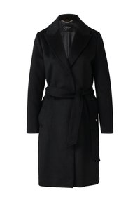 Cappotto nero in misto lana con ampio risvolto, vita cinturata, due tasche laterali e una leggera lucentezza; presenta un'etichetta con dettagli del logo all'interno.