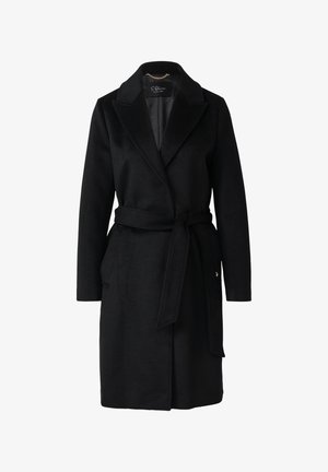 Juodas vilnos mišinio paltas su plačia apykakle, diržu liemeniui, dviem šoninėmis kišenėmis ir subtiliu blizgesiu; viduje yra ženklelis su logotipo detale.