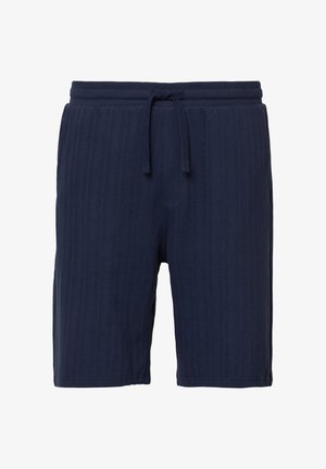 Shorts bleu marine en tissu texturé avec des rayures verticales. Dotés d'une taille élastique et d'un cordon de serrage ; design décontracté.