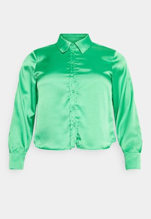 Blusa de cetim verde com gola, mangas longas e fecho de botão à frente. Apresenta uma textura suave e um corte cropped.