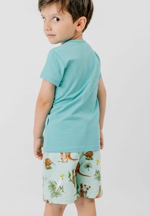Junger Junge trägt ein türkisfarbenes Hemd und hellblaue Shorts mit australischen Tieren und Pflanzen, blickt über seine Schulter vor weißem Hintergrund.