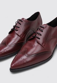Zapatos de cuero en color burdeos con punta puntiaguda, que cuentan con perforaciones decorativas y cierre de cordones, asentados sobre una suela negra.