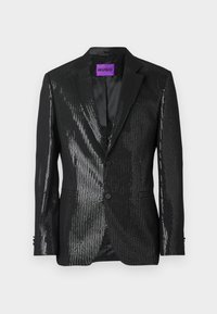 Zwarte blazer met paillettenstructuur, eenzijdig ontwerp, twee voorkruiszakken en notch revers. Bevat een paarse "HUGO" label aan de binnenkant.