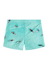 Turkosa simshorts i mjukt tyg, med ett mönster av surfbrädor i olika färger, med platta sömmar och resårmidja.