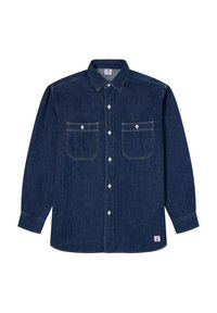 Camicia in denim blu scuro con colletto a punta, due taschini sul petto e maniche lunghe con polsini abbottonati. Etichetta rossa con logo in fondo.