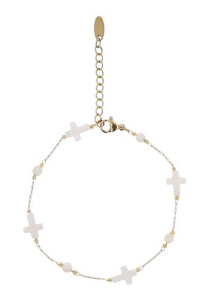 Finom aranylánc karkötő fehér kereszt alakú és kerek gyöngyökkel, homárkapoccsal és állítható hosszabbító lánccal.