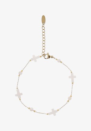 Delikatna bransoletka z łańcuszka ze złota z białymi koralikami w kształcie krzyża i okrągłymi, wyposażona w zapięcie rybkę i regulowany przedłużacz.