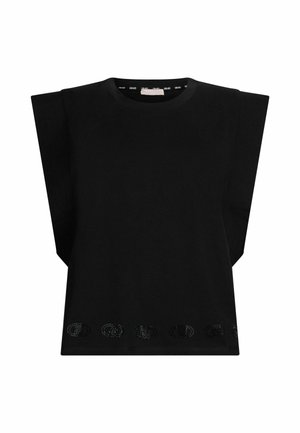 Top noir à manches courtes avec de larges emmanchures, orné de motifs circulaires à pois le long de l'ourlet et offrant une texture de tissu douce et lisse.