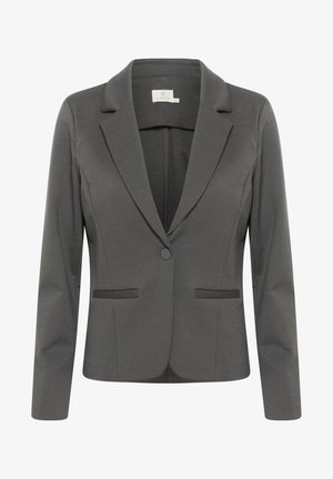Gray blazer made of smooth fabric, featuring a notched lapel, two front pockets, and a single button closure. Simple, structured design.