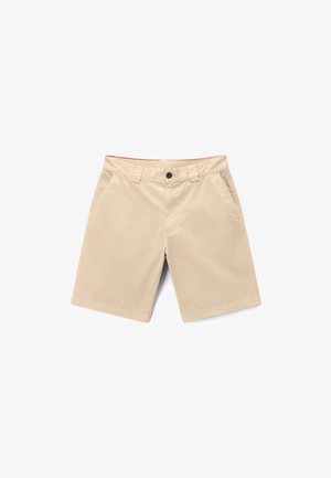 Beige heren knielange short met riemlussen, zijzakken en een enkele knoopsluiting in de taille.