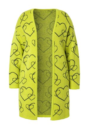 Gebreide lange cardigan in felgroen met een zwart hartpatroon. Open voorkant met drop shoulders en lange mouwen. Textuurstof.