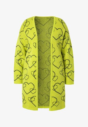 Długi kardigan dzianinowy w jaskrawym limonkowym kolorze, z czarnym wzorem w serca. Otwarty przód, opadające ramiona i długie rękawy. Teksturowany materiał.