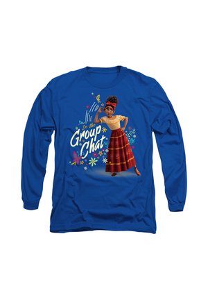 Blue long-sleeve shirt featuring a character in a yellow top and red skirt, with "In the Group Chat" text and colorful floral graphics.